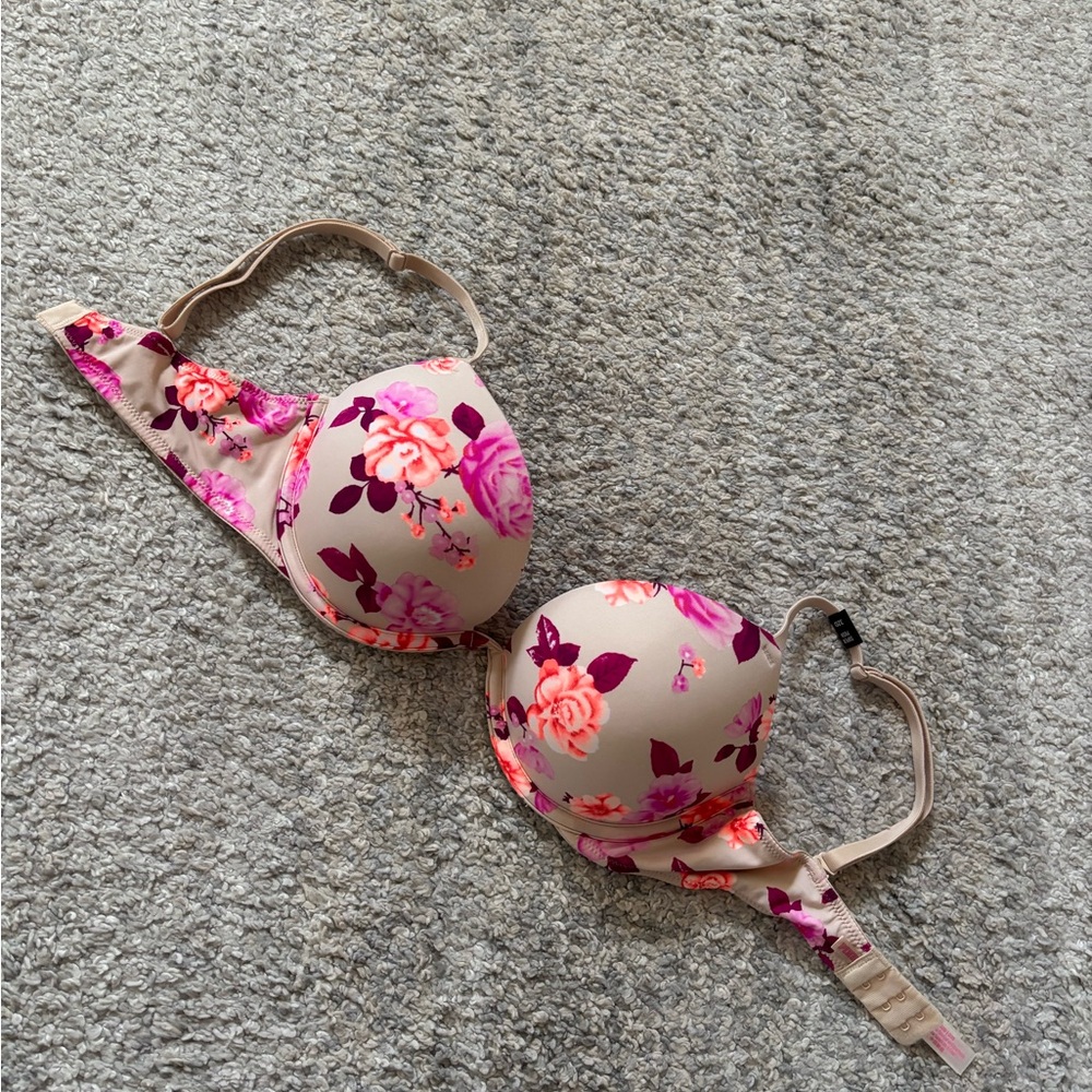 Victoria’s Secret Pink Nude Push-Up Bra with Pink & Magenta Roses